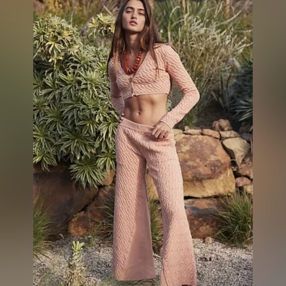 M 🔖 RARE!  Free People Beach Ziggy Sweater Set Wide Leg Pants Crop Top